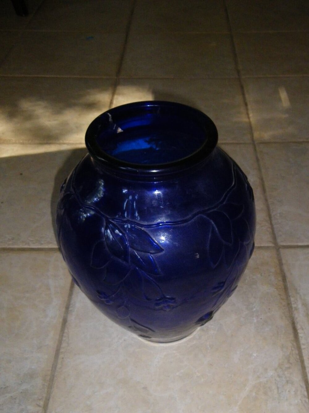 Vintage Large Cobalt Blue Glass Vase w/ Embossed Vine Relief